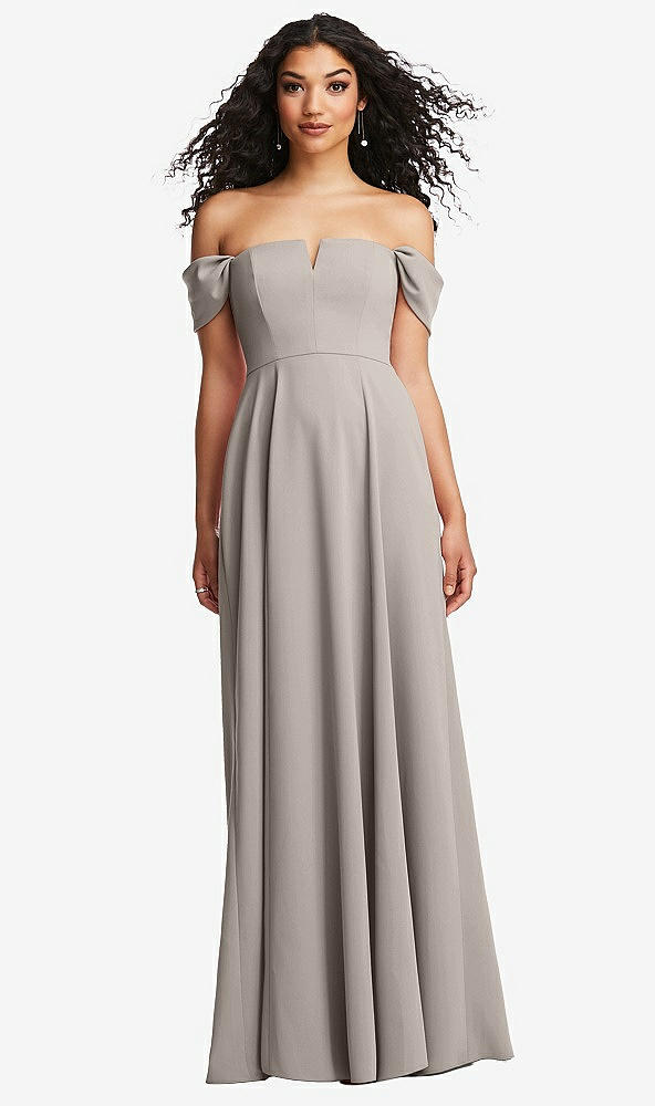 Front View - Taupe Off-the-Shoulder Pleated Cap Sleeve A-line Maxi Dress