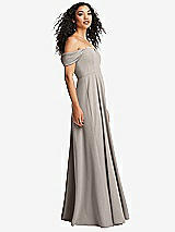 Side View Thumbnail - Taupe Off-the-Shoulder Pleated Cap Sleeve A-line Maxi Dress