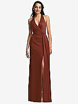 Front View Thumbnail - Auburn Moon Pleated V-Neck Closed Back Trumpet Gown with Draped Front Slit