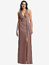 Front View Thumbnail - Sienna Pleated V-Neck Closed Back Trumpet Gown with Draped Front Slit