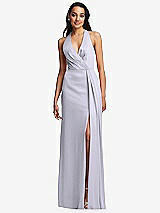 Front View Thumbnail - Silver Dove Pleated V-Neck Closed Back Trumpet Gown with Draped Front Slit