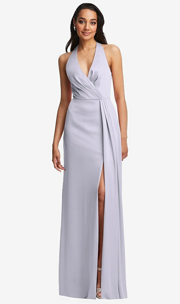 Front View - Silver Dove Pleated V-Neck Closed Back Trumpet Gown with Draped Front Slit