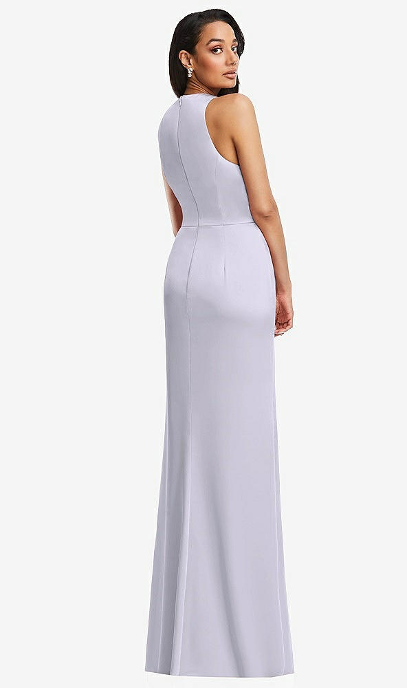 Back View - Silver Dove Pleated V-Neck Closed Back Trumpet Gown with Draped Front Slit