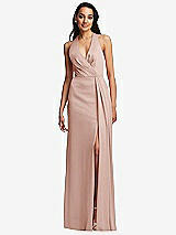 Front View Thumbnail - Toasted Sugar Pleated V-Neck Closed Back Trumpet Gown with Draped Front Slit