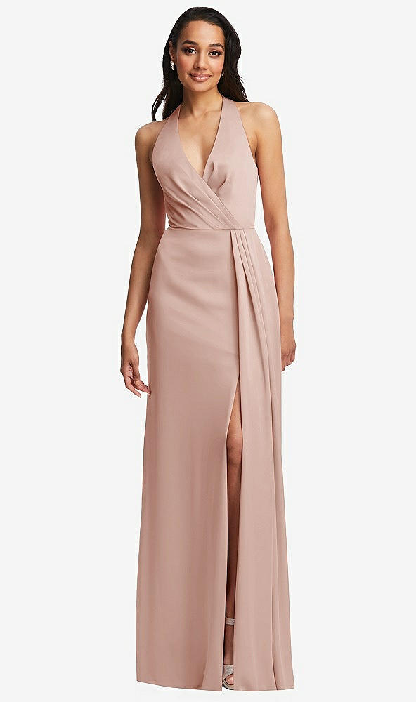 Front View - Toasted Sugar Pleated V-Neck Closed Back Trumpet Gown with Draped Front Slit