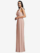 Side View Thumbnail - Toasted Sugar Pleated V-Neck Closed Back Trumpet Gown with Draped Front Slit