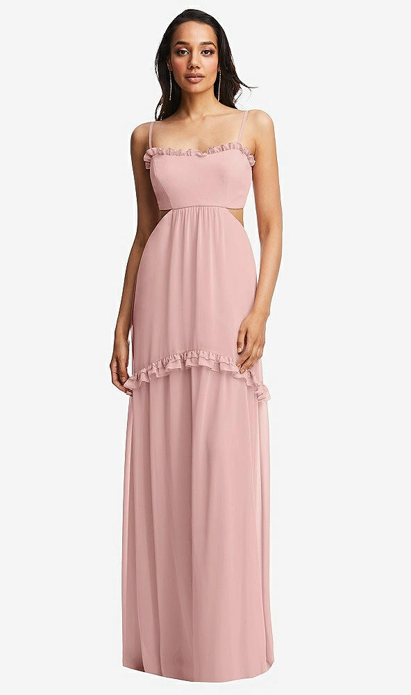 Front View - Rose - PANTONE Rose Quartz Ruffle-Trimmed Cutout Tie-Back Maxi Dress with Tiered Skirt