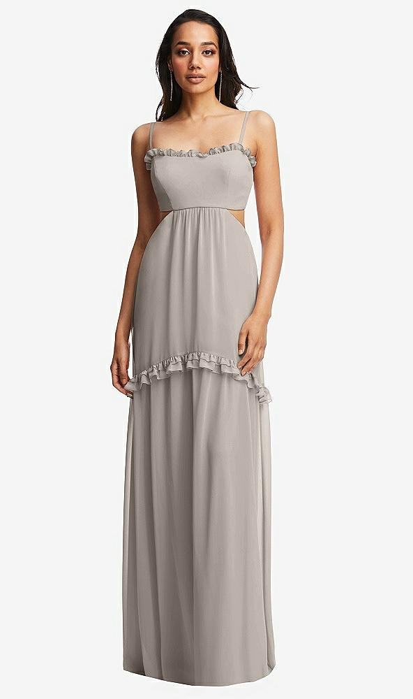 Front View - Taupe Ruffle-Trimmed Cutout Tie-Back Maxi Dress with Tiered Skirt