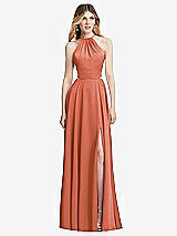 Front View Thumbnail - Terracotta Copper Halter Cross-Strap Gathered Tie-Back Cutout Maxi Dress