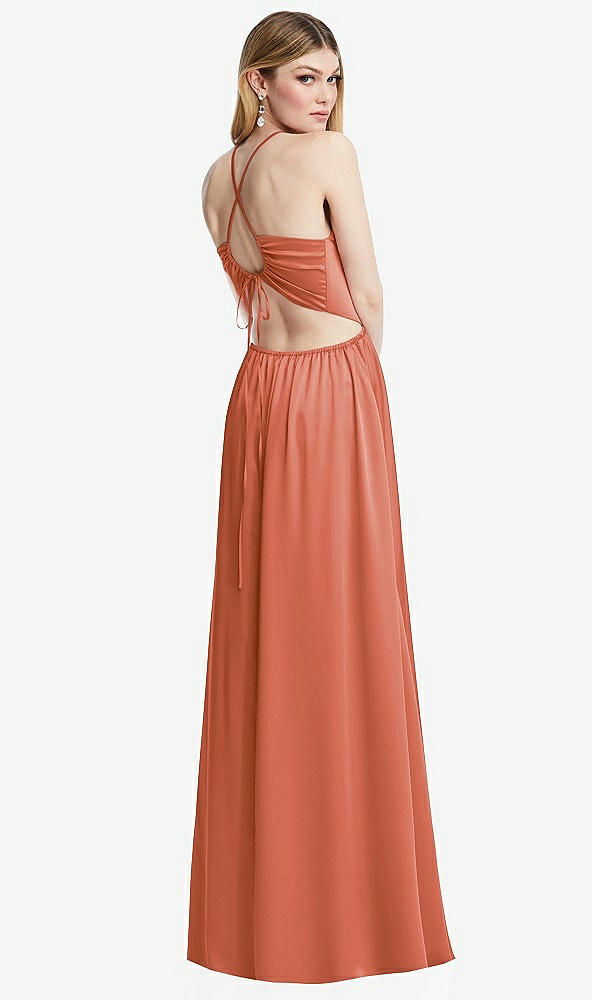 Back View - Terracotta Copper Halter Cross-Strap Gathered Tie-Back Cutout Maxi Dress