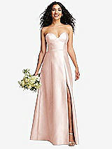 Front View Thumbnail - Blush Strapless Bustier A-Line Satin Gown with Front Slit