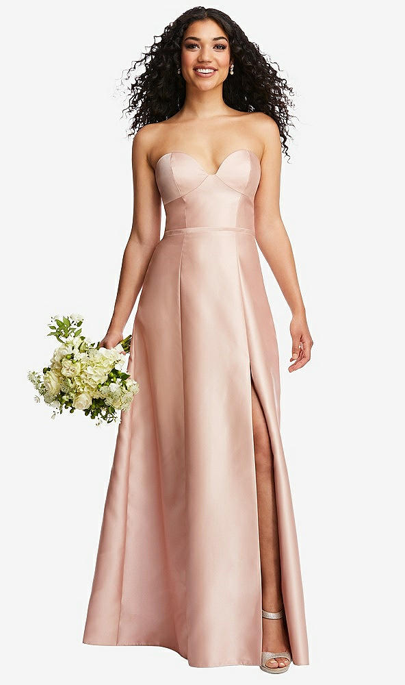 Front View - French Blue Strapless Bustier A-Line Satin Gown with Front Slit