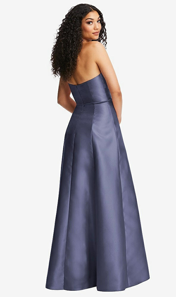 Back View - French Blue Strapless Bustier A-Line Satin Gown with Front Slit
