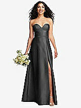 Front View Thumbnail - Pewter Strapless Bustier A-Line Satin Gown with Front Slit