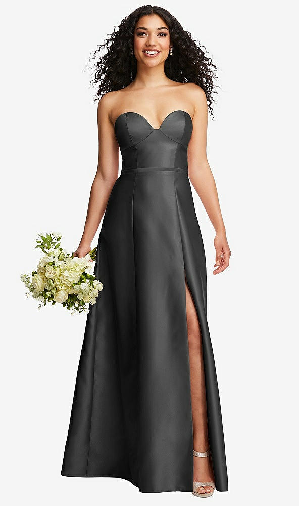 Front View - Pewter Strapless Bustier A-Line Satin Gown with Front Slit