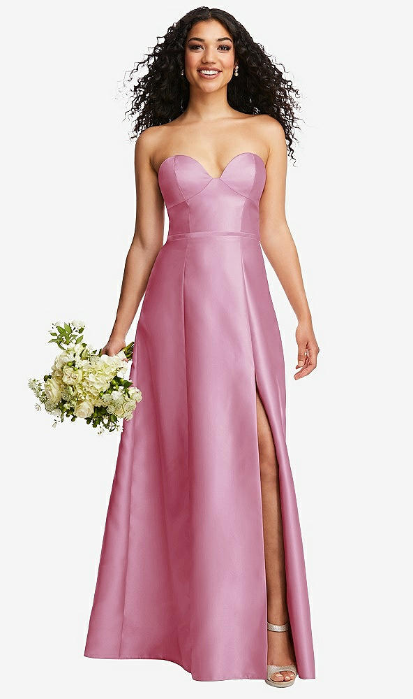 Front View - Powder Pink Strapless Bustier A-Line Satin Gown with Front Slit