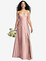 Front View Thumbnail - Rose - PANTONE Rose Quartz Strapless Bustier A-Line Satin Gown with Front Slit