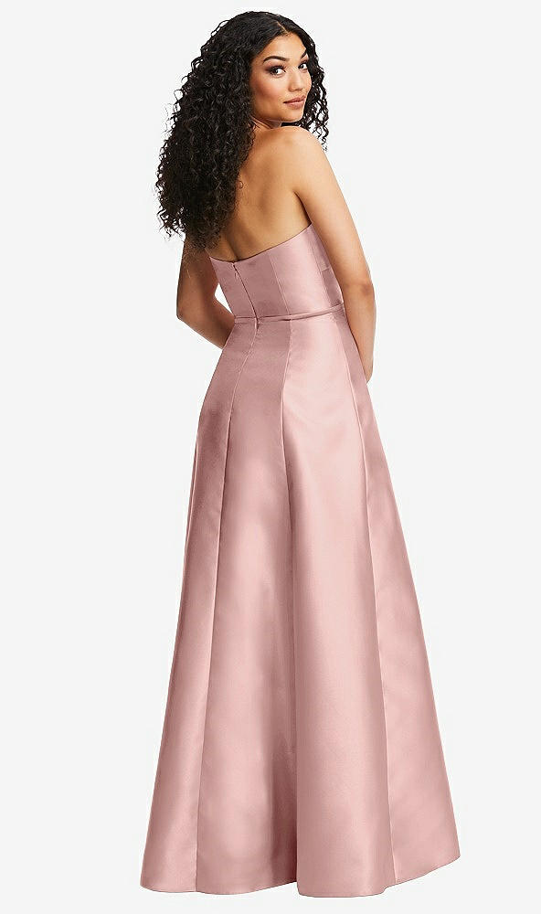Back View - Rose - PANTONE Rose Quartz Strapless Bustier A-Line Satin Gown with Front Slit