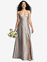 Front View Thumbnail - Taupe Strapless Bustier A-Line Satin Gown with Front Slit