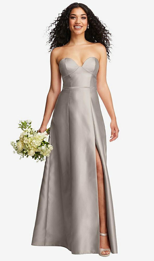 Front View - Taupe Strapless Bustier A-Line Satin Gown with Front Slit