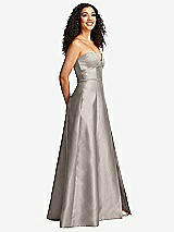 Side View Thumbnail - Taupe Strapless Bustier A-Line Satin Gown with Front Slit