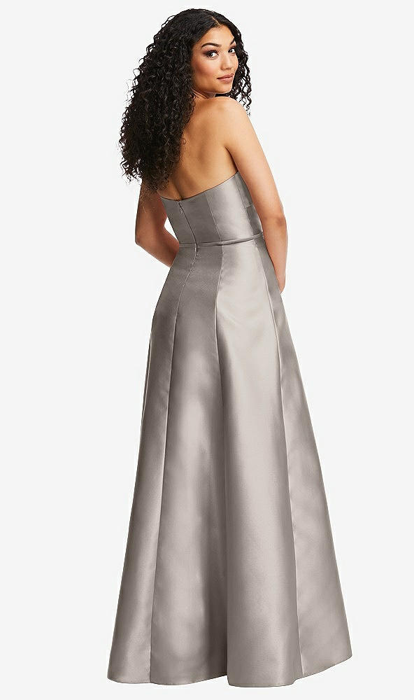 Back View - Taupe Strapless Bustier A-Line Satin Gown with Front Slit