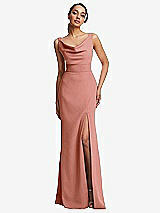 Front View Thumbnail - Desert Rose Cowl-Neck Wide Strap Crepe Trumpet Gown with Front Slit