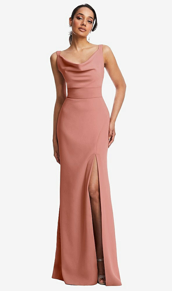 Front View - Desert Rose Cowl-Neck Wide Strap Crepe Trumpet Gown with Front Slit