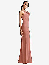 Side View Thumbnail - Desert Rose Cowl-Neck Wide Strap Crepe Trumpet Gown with Front Slit