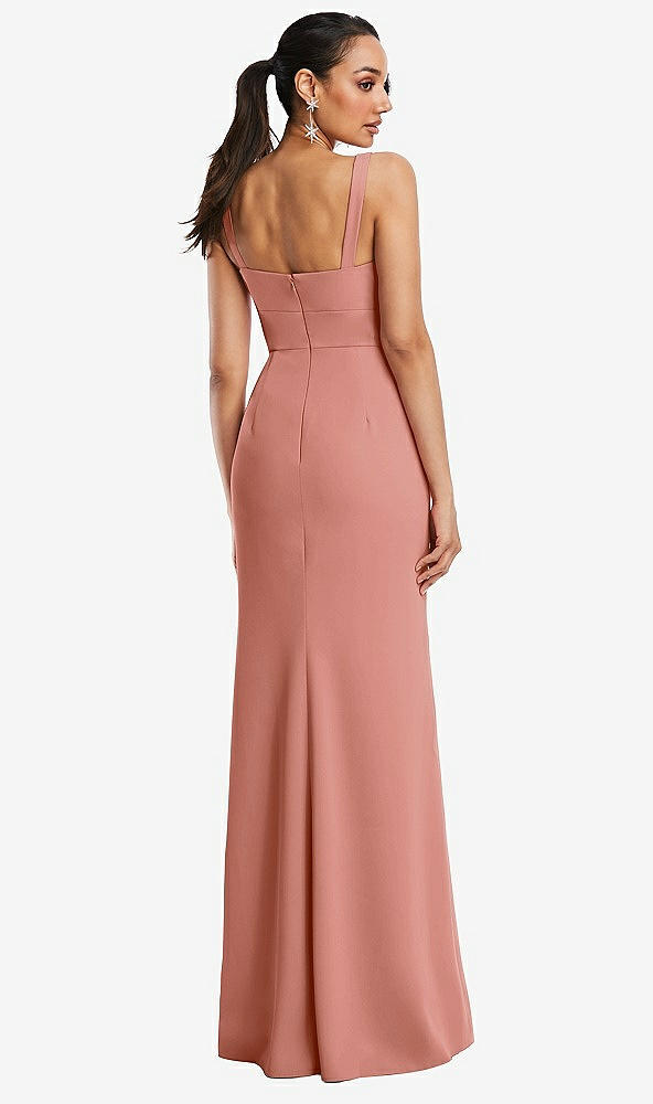 Back View - Desert Rose Cowl-Neck Wide Strap Crepe Trumpet Gown with Front Slit