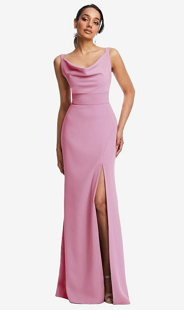 Front View - Powder Pink Cowl-Neck Wide Strap Crepe Trumpet Gown with Front Slit