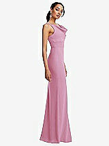 Side View Thumbnail - Powder Pink Cowl-Neck Wide Strap Crepe Trumpet Gown with Front Slit
