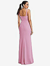 Rear View Thumbnail - Powder Pink Cowl-Neck Wide Strap Crepe Trumpet Gown with Front Slit