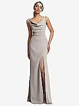 Front View Thumbnail - Taupe Cowl-Neck Wide Strap Crepe Trumpet Gown with Front Slit