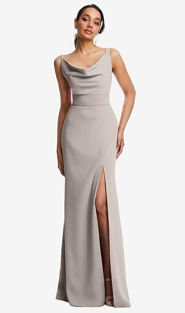 Front View - Taupe Cowl-Neck Wide Strap Crepe Trumpet Gown with Front Slit