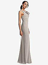 Side View Thumbnail - Taupe Cowl-Neck Wide Strap Crepe Trumpet Gown with Front Slit