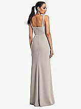 Rear View Thumbnail - Taupe Cowl-Neck Wide Strap Crepe Trumpet Gown with Front Slit