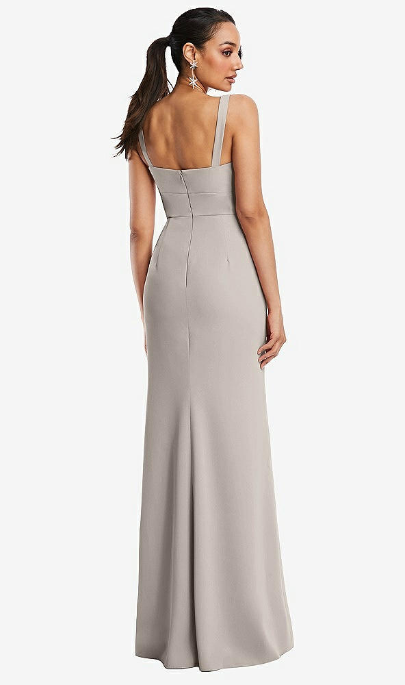 Back View - Taupe Cowl-Neck Wide Strap Crepe Trumpet Gown with Front Slit