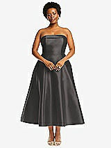 Alt View 1 Thumbnail - Caviar Gray Cuffed Strapless Satin Twill Midi Dress with Full Skirt and Pockets