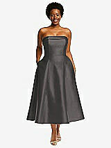 Front View Thumbnail - Caviar Gray Cuffed Strapless Satin Twill Midi Dress with Full Skirt and Pockets