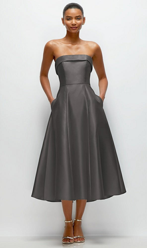 Front View - Caviar Gray Cuffed Strapless Satin Twill Midi Dress with Full Skirt and Pockets
