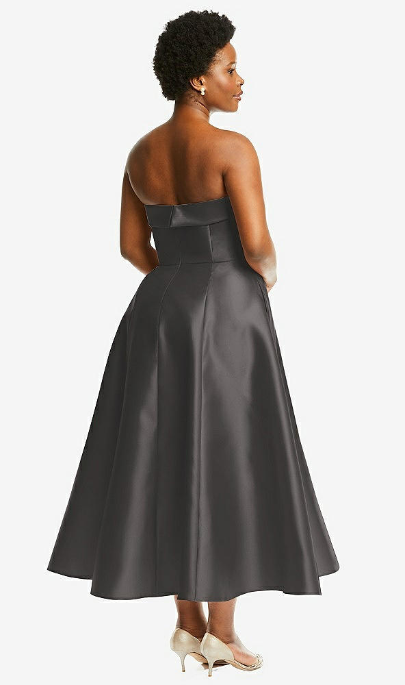 Back View - Caviar Gray Cuffed Strapless Satin Twill Midi Dress with Full Skirt and Pockets