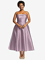 Alt View 1 Thumbnail - Suede Rose Cuffed Strapless Satin Twill Midi Dress with Full Skirt and Pockets