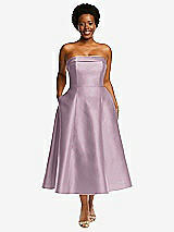 Front View Thumbnail - Suede Rose Cuffed Strapless Satin Twill Midi Dress with Full Skirt and Pockets