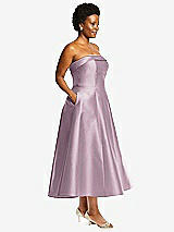 Side View Thumbnail - Suede Rose Cuffed Strapless Satin Twill Midi Dress with Full Skirt and Pockets