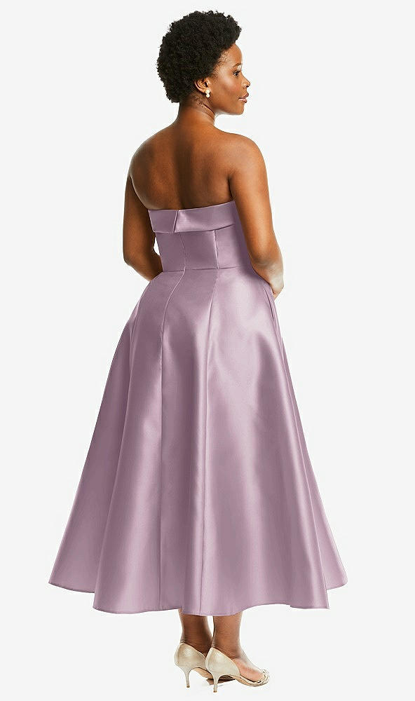 Back View - Suede Rose Cuffed Strapless Satin Twill Midi Dress with Full Skirt and Pockets
