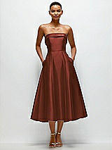 Front View Thumbnail - Auburn Moon Cuffed Strapless Satin Twill Midi Dress with Full Skirt and Pockets
