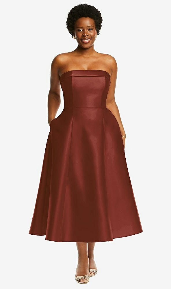 Front View - Auburn Moon Cuffed Strapless Satin Twill Midi Dress with Full Skirt and Pockets