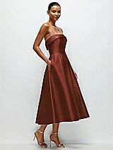 Rear View Thumbnail - Auburn Moon Cuffed Strapless Satin Twill Midi Dress with Full Skirt and Pockets
