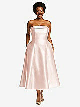 Front View Thumbnail - Blush Cuffed Strapless Satin Twill Midi Dress with Full Skirt and Pockets